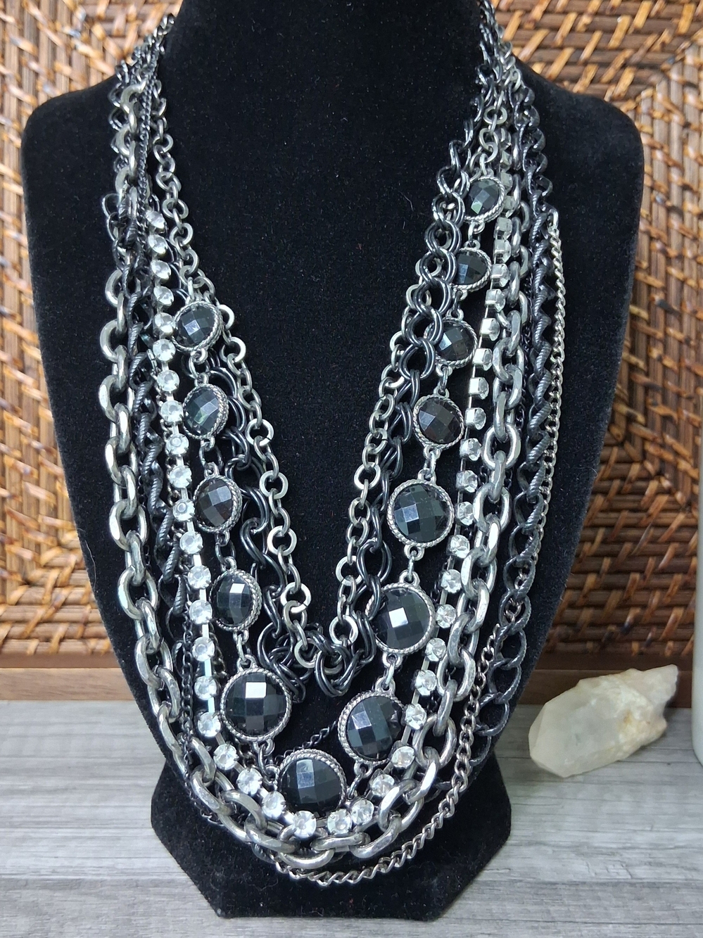 Layered Black and Silver Multi-Chain Statement Necklace